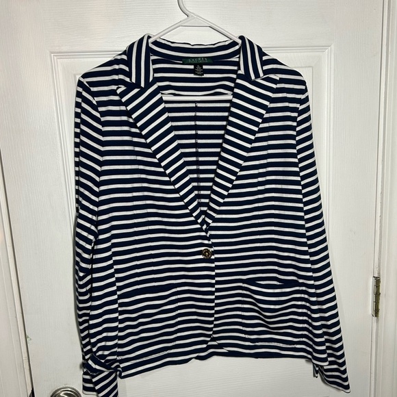 Lauren Ralph Lauren LRL Navy Striped Cotton Blazer Size XL Gold Button Details - Picture 1 of 12